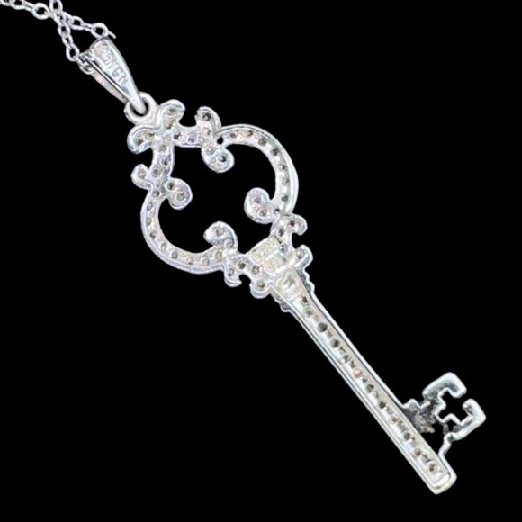 Sterling Silver Key Pendant Accented with Rhinestones Chain Link Necklace 17” - Picture 3 of 8